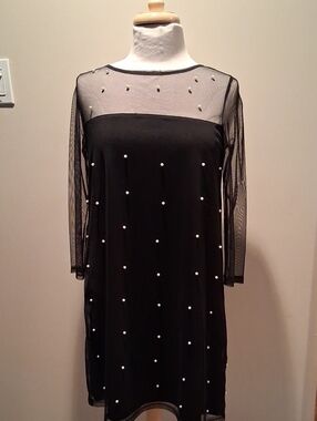 Black Sheer Yoke Pearl-Accent Women's Dress